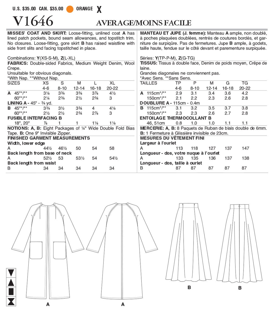 Vogue Sewing Pattern V1646 Misses' Coat and Skirt | Etsy