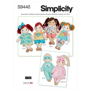 May include: A sewing pattern for making dolls and clothes. The pattern includes instructions for making five different dolls, including a doll with a sleep mask and a doll with a braid. The pattern is for dolls that are 19 inches tall.