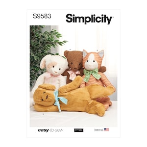 May include: Simplicity sewing pattern S9583, easy-to-sew plush toy pattern. The pattern includes instructions for making a brown teddy bear, a white and brown puppy, and an orange and white cat. The pattern is designed and printed in the USA.