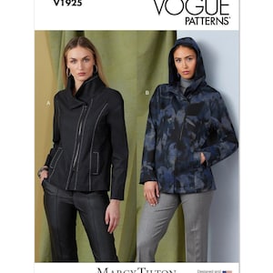 May include: Vogue Patterns V1925 sewing pattern featuring two women wearing different versions of a jacket. The jacket on the left is black with a zipper and a high collar. The jacket on the right is blue with a hood and a zipper. The pattern is designed and printed in the USA.