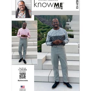 Puede incluir: Un patrón de costura para una camisa de hombre con un patrón a rayas. El patrón se llama "knowME" de mimig y tiene el número ME2113. El patrón incluye un código QR para un tutorial de costura en video.