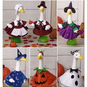 May include: Simplicity pattern S3186 featuring goose costumes for Halloween. The costumes include a witch, pilgrim, ghost, pumpkin, wizard, and a goose with a "boo" headband. Designed and printed in the USA.
