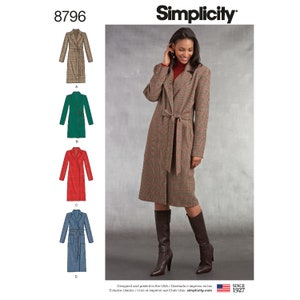 May include: A Simplicity sewing pattern for a long, belted coat with a wrap front. The pattern includes four different views: a brown and white plaid coat, a green coat, a red coat, and a blue coat. The pattern number is 8796.