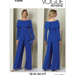 May include: A sewing pattern for a blue off-the-shoulder top and wide-leg pants. The pattern is from Vogue Patterns and is designed by Tom and Linda Platt. The pattern number is V2098.
