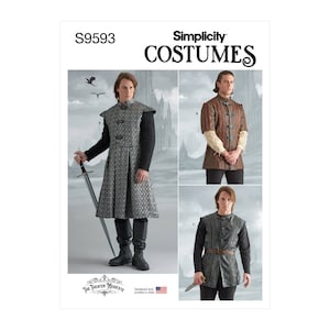 May include: Simplicity Costumes pattern featuring medieval-style garments. The image shows three costume variations: a long, patterned coat with a sword, a short-sleeved tunic, and a vest with a belt. The text "S9593" and "Simplicity Costumes" are visible.