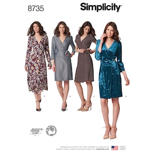 May include: Simplicity sewing pattern number 8735 for a wrap dress. The pattern shows four variations of the dress in different fabrics and colors: a floral print, a denim blue, a brown plaid, and a teal velvet.