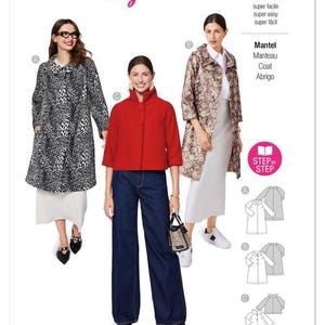 May include: A fashion magazine cover featuring three women modeling coats and jackets. The coats include a black and white animal print, a floral pattern, and a solid red jacket. The magazine title is "burda easy".