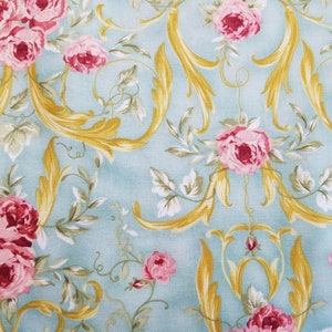 Roses on Light Turquoise Cotton Fabric Sold by the Yard