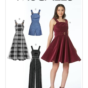 May include: A sewing pattern for four different styles of dresses. The pattern includes a red dress with a belt, a plaid dress, a denim jumpsuit, and a black and white striped jumpsuit. The pattern number is M7626.