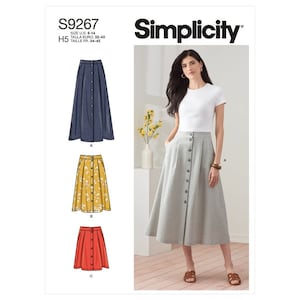May include: A sewing pattern for a skirt with a button front. The pattern includes three different styles: a denim skirt, a floral skirt, and a gray skirt. The pattern is for sizes 6-14, 32-40, and 34-42.