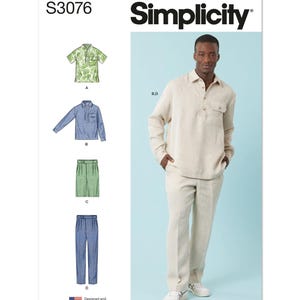 May include: Simplicity sewing pattern S3076 for a shirt and pants. The pattern includes four different views: a short-sleeved shirt with a floral print, a long-sleeved shirt with a plaid print, a pair of green pants, and a pair of blue pants. The pattern is designed and printed in the USA.