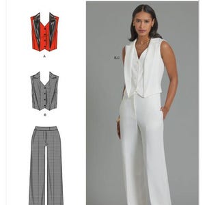 May include: Simplicity pattern S3200 features a woman in a white vest and wide-leg pants. The pattern includes illustrations of a red vest, a checkered vest, and checkered pants. The Simplicity logo is at the top.