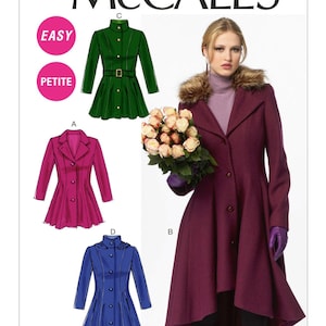 May include: A sewing pattern for a coat with four different variations. The pattern includes a green coat with a belt, a pink coat, a blue coat, and a burgundy coat with a faux fur collar. The pattern is labeled "McCall's" and includes the words "Easy" and "Petite".