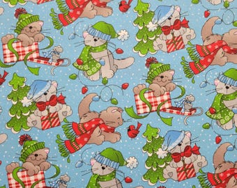 Holiday Cats Blue Cotton Fabric Sold by the Yard