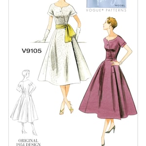 May include: Vintage Vogue sewing pattern for a dress with a full skirt. The pattern is from 1954 and is a winner of the Vintage Vogue contest. The pattern number is V9105.