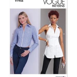 May include: Vogue Patterns sewing pattern for a women's top with two different styles. The first style is a long-sleeved, striped shirt with a zipper down the front. The second style is a sleeveless top with a halter neckline and a zipper down the front. The pattern is labeled V1956.