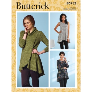 May include: A sewing pattern for three different tops. The pattern is for sizes X-Small, Small, Medium, and Large. The tops are all loose-fitting and have a high-low hemline. The first top is a sleeveless top with a striped pattern. The second top is a long-sleeved top with a floral pattern. The third top is a long-sleeved top with a solid color.