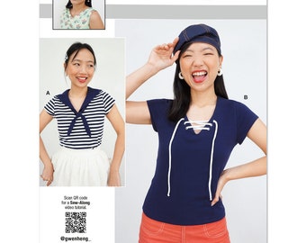 Può includere: Un cartamodello per una blusa da donna con due stili diversi. Il primo stile è una blusa da marinaio a righe con un colletto annodato. Il secondo stile è una blusa blu navy con una scollatura a lacci. Il cartamodello si chiama "knowME" di mimig e ha il numero ME2078.