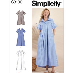 May include: Simplicity S3130 sewing pattern featuring a woman wearing a blue and white striped dress. The pattern includes illustrations of three different dress styles. The text "Simplicity" is displayed in large, bold letters.