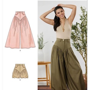 May include: Simplicity sewing pattern S3236 featuring a woman wearing olive green pants with a high waist and a unique design. The pattern includes illustrations of the pants and shorts. The text "Simplicity" is displayed at the top.