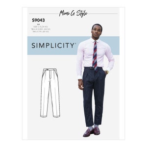 May include: Simplicity sewing pattern S9043 featuring a drawing of pleated trousers and a man wearing a pink shirt, striped tie, and pinstripe trousers. The pattern includes sizes U.S. 34-42 and is from Mimi G Style.