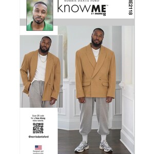 May include: A sewing pattern package featuring a man wearing a tan double-breasted blazer, white t-shirt, and gray sweatpants. The package includes the text "KNOW ME" and "ME2118". The package is designed and printed in the USA.