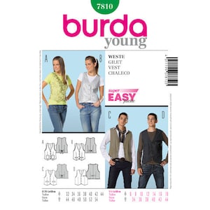 May include: A sewing pattern from Burda Young, featuring vest designs. The pattern includes diagrams and sizing charts in both US and European measurements. The image shows models wearing the vests, with the text "super easy facile".