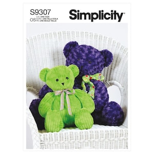 May include: A sewing pattern for making two plush teddy bears. One bear is green and the other is purple. The pattern is from Simplicity and the pattern number is S9307. The pattern is for one size.