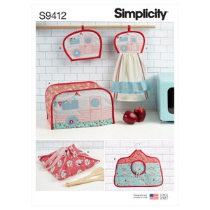 May include: A sewing pattern for five kitchen items featuring a vintage camper design. The pattern includes instructions for a toaster cover, a potholder, a tea towel, a bread basket, and a utensil holder. The pattern is from Simplicity and is number S9412.