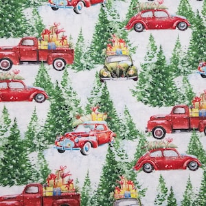 Red Truck Christmas Cotton Fabric sold by the yard