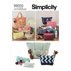 May include: Simplicity sewing pattern S9310 for making various bags and pouches. The pattern includes instructions for a tote bag, a smaller bag with a handle, and several different pouches in various sizes and shapes. The bags and pouches are shown in a variety of fabrics with different patterns, including floral, geometric, and nautical.