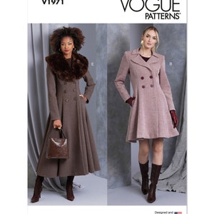 May include: Vogue Patterns V1971 sewing pattern for a double-breasted coat with a flared skirt. The pattern includes two variations: one with a fur collar and one without.