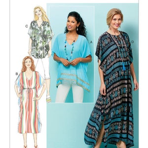 May include: A sewing pattern for three different styles of tunics. The pattern is called Butterick B6559. The tunics are all in different colors and patterns. One is a light blue tunic with a white trim, one is a striped tunic with a tie belt, and one is a black and blue tunic with a geometric pattern.