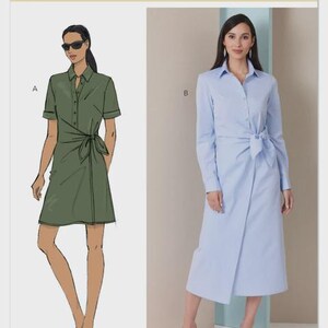 May include: A sewing pattern from Butterick, B7075, featuring two shirt dress designs. One is a short-sleeved, olive green dress with a tie waist. The other is a long-sleeved, light blue dress with a tie waist. The pattern is designed and printed in the USA.
