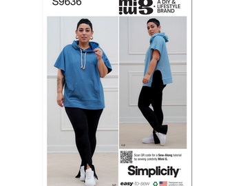 May include: A sewing pattern for a hooded top with a side slit, featuring a model wearing the top in a light blue color with black leggings. The pattern is from Simplicity and is part of the mig. brand. The pattern number is S9636.