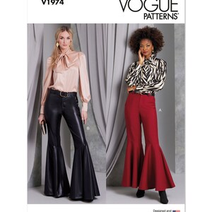 May include: Vogue Patterns sewing pattern V1974 for flared pants. The pattern shows two models wearing the pants in different colors and fabrics. One model is wearing black leather pants and the other is wearing red pants.
