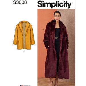 May include: Simplicity sewing pattern S3008 for a long coat with a shawl collar. The pattern includes two styles: a yellow coat with a shorter length and a burgundy coat with a longer length.