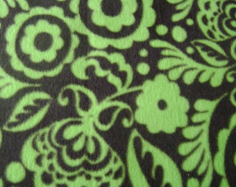 Green Flowers on Brown Background Fleece Fabric (1.5 yards)