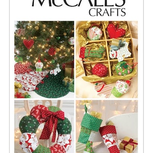 May include: A set of Christmas ornaments and stockings featuring a variety of festive designs, including Santa Claus, candy canes, and reindeer. The ornaments are displayed in a wooden box with a gold background. The stockings are red and green with white accents.