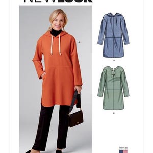 May include: An orange hooded tunic with a drawstring, paired with black pants and a black purse. The image also shows two illustrations of similar tunics, one blue and one green. The text "NEWLOOK" and "N6706" are visible.