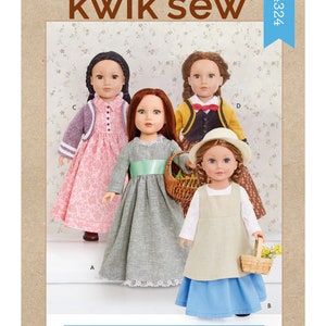 May include: Kwik Sew pattern #K7324 for 18 inch doll clothes. The pattern includes four different outfits: a pink floral dress with a purple cardigan, a gray dress with a green sash, a brown dress with a yellow cardigan, and a blue skirt with a beige pinafore.