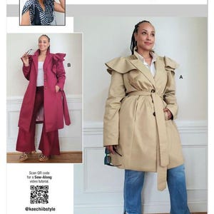May include: A sewing pattern package featuring two women modeling stylish coats and pants. The package includes the text "KEECHII B STYLE knowME by mimi g" and "ME2151". The models are wearing a tan trench coat and a burgundy coat with matching pants.