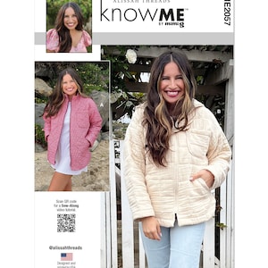 May include: A sewing pattern for a quilted jacket with two different color options: a pink quilted jacket with a white trim and a cream quilted jacket. The pattern is called "knowME" by mimig and is designed and printed in the USA.