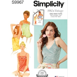 May include: Simplicity sewing pattern S9967 for 1980s vintage one-yard tops. The pattern includes four different styles of sleeveless tops with a variety of necklines and straps. The pattern is designed and printed in the USA.