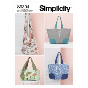 May include: A sewing pattern for four different bags. The bags are shown in various fabrics, including floral, plaid, and solid colors. The pattern number is S9304. The pattern is for one size.