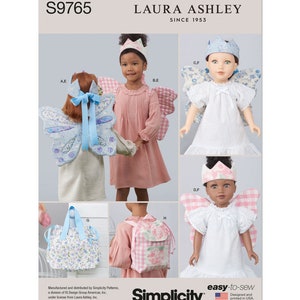 May include: A sewing pattern for a fairy costume for a child and a doll. The pattern includes a pink dress, butterfly wings, a crown, a backpack, and a bag. The pattern is from Simplicity and is designed and printed in the USA.