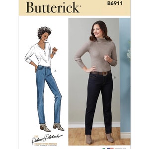 May include: Butterick sewing pattern B6911 featuring illustrations of women's clothing. One illustration shows a woman in a white top and jeans, the other shows a woman in a turtleneck and jeans. The Palmer/Pletsch Tissue Fitting Method is also shown.