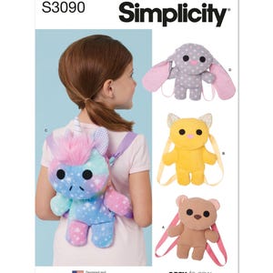 May include: A sewing pattern for making plush backpacks in the shapes of a unicorn, cat, and bunny. The pattern is from Simplicity and is easy to sew. The pattern number is S3090.