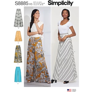May include: Simplicity sewing pattern number S8885 H5 for women's skirts and pants. The pattern includes four different styles: a black and white chevron skirt, a yellow skirt with a ruffled hem, wide-legged pants with a floral print, and wide-legged pants in a solid turquoise color.