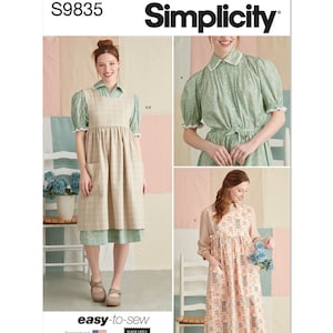 May include: Simplicity sewing pattern S9835. The image shows three different dress designs. One is a collared dress with puff sleeves and a tie waist. Another is a plaid apron dress. The third is a dress with a printed pattern. The words "easy-to-sew" are also visible.
